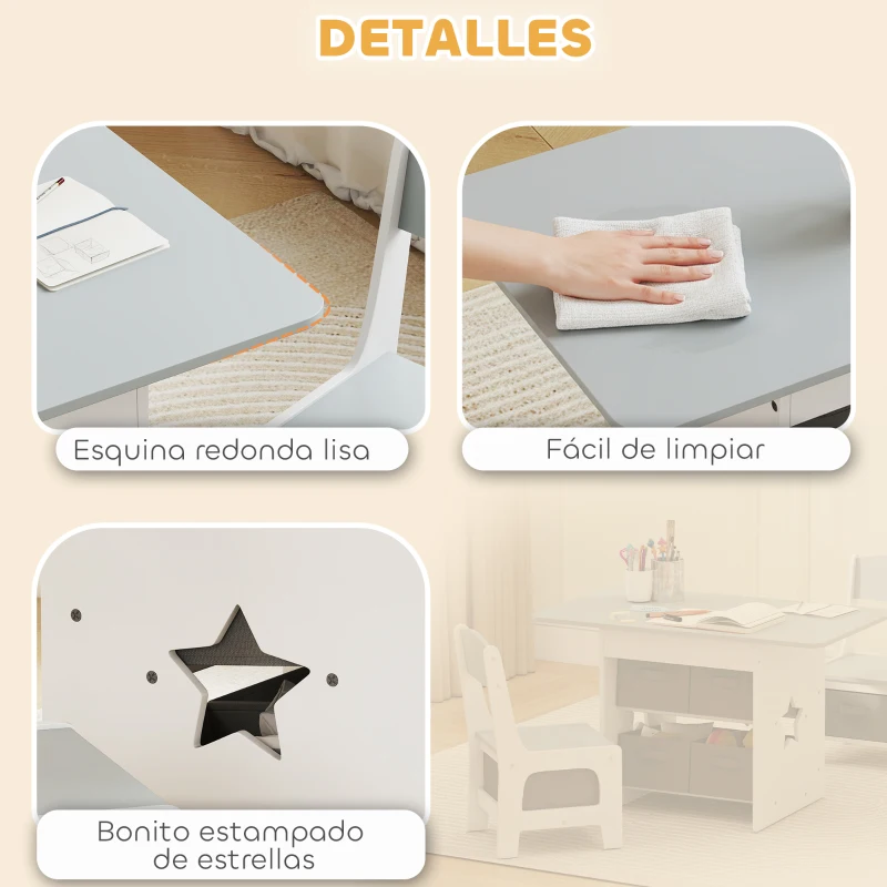 AIYAPLAY Mesa Infantil con 2 Sillas con 6 Cajones de Tela Diseño Estrellas para Niños y Niñas de 3-8 Años Gris Claro