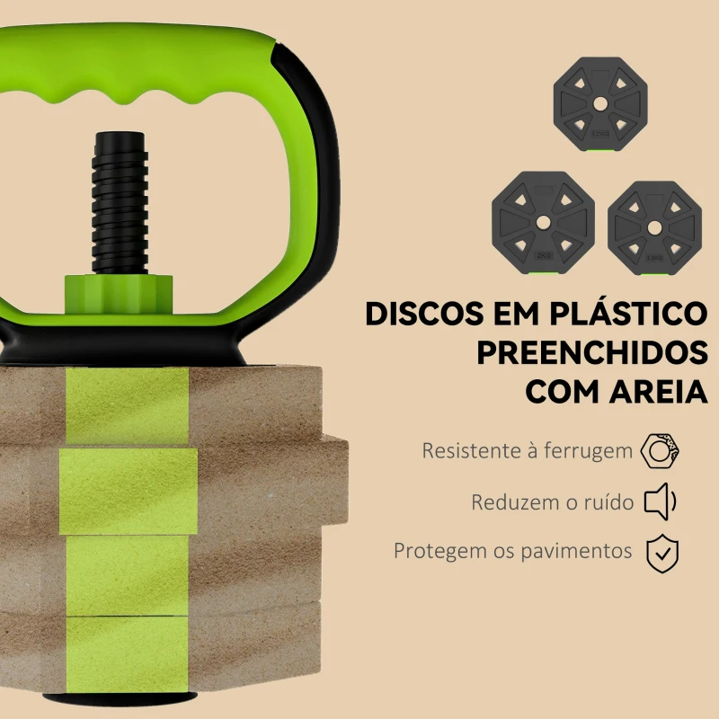 SPORTNOW Conjunto de Halteres Ajustáveis 4 em 1 20 kg Conjunto de Pesos Utilizado como Kettlebell Barra Halteres ou Suporte para Flexões Verde