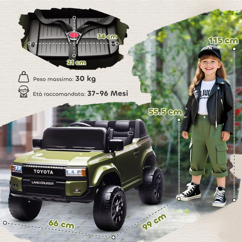 AIYAPLAY Auto Elettrica per Bambini TOYOTA Land Cruiser 12V con Telecomando, Età 3-8 Anni, Verde