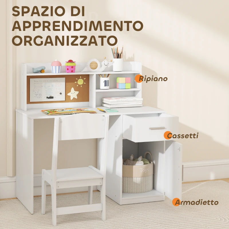 AIYAPLAY Scrivania per Bambini con Scaffali, Armadietto, Cassetto e Sedia per Bambini Abbinata in MDF Bianco