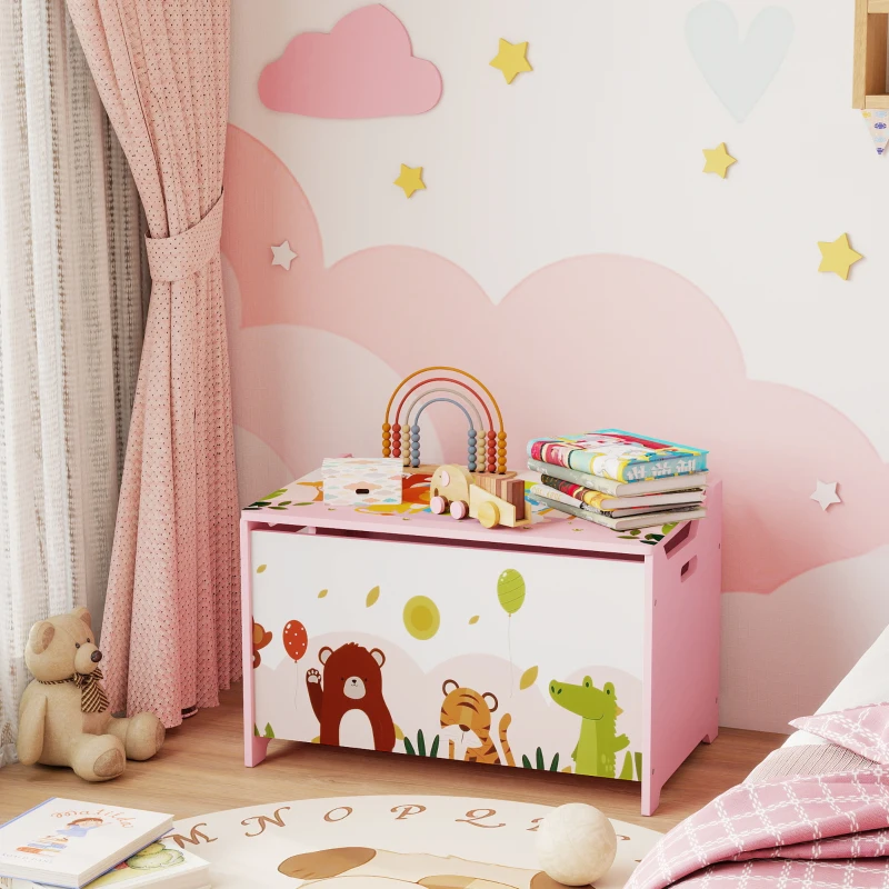AIYAPLAY Baule Portagiochi per Bambini con Cerniere di Sicurezza in Legno con Disegni di Animali, 60x37x39 cm, Rosa