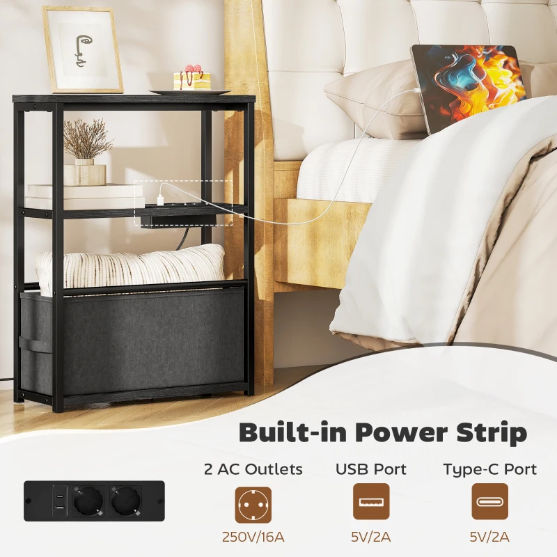 HOMCOM Stolik boczny do sofy z listwą zasilającą, półką, do małych pomieszczeń, 45x18x60,2cm, Czarny