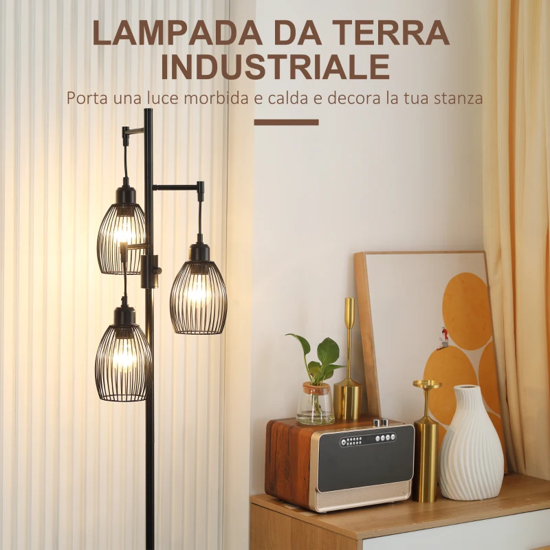 HOMCOM Lampada da Terra Industriale con 3 Paralumi e Intensità Regolabile, in Acciaio, 30x30x170.5 cm, Nero