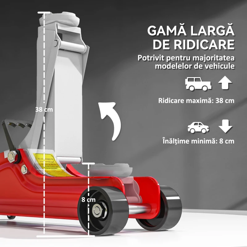 HOMCOM Cric Hidraulic cu Profil Jos, Cric Auto din Oțel Ranforsat cu Capacitate de 2,5 Tone, 56x20x8-38 cm, Roșu