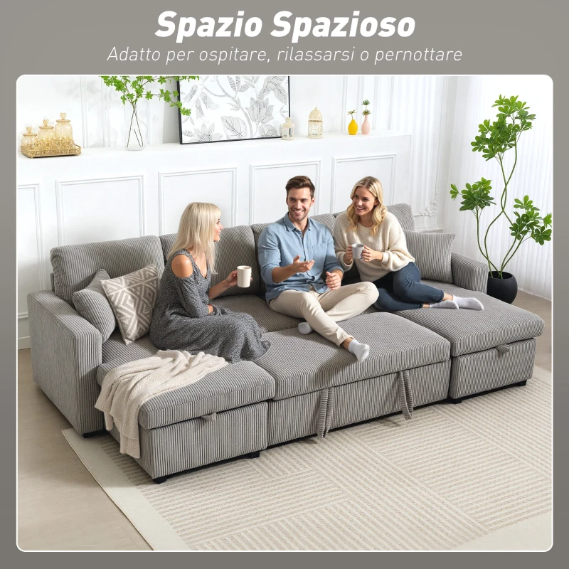 HOMCOM Divano Letto Moderno a U con 2 Chaise Longue e Vani Contenitore, Velluto a Coste, 282x140x86 cm, Grigio