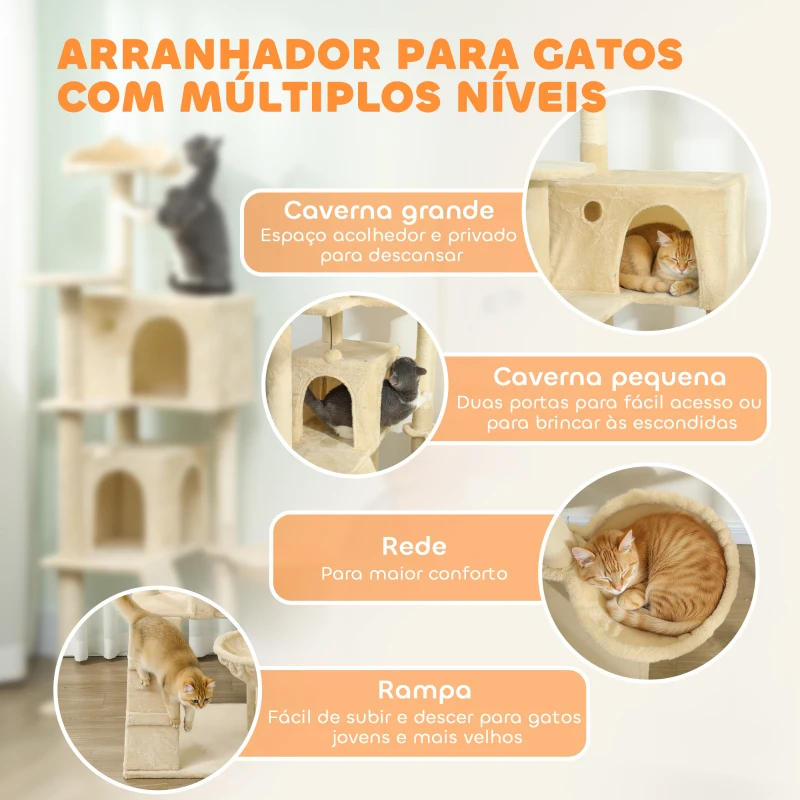 PawHut Arranhador para Gatos com Múltiplas Plataformas Cama 2 Cavernas Rede Escada Postes de Sisal 48x48x160 cm Bege