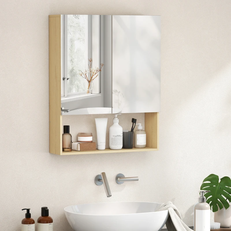 HOMCOM badkamerkast, spiegeldeuren, open rek, wandmontage, MDF, spaanplaat, eiken