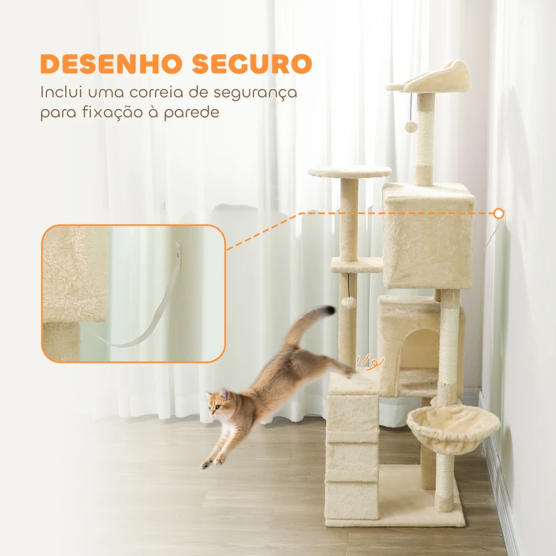 PawHut Arranhador para Gatos com Múltiplas Plataformas Cama 2 Cavernas Rede Escada Postes de Sisal 48x48x160 cm Bege