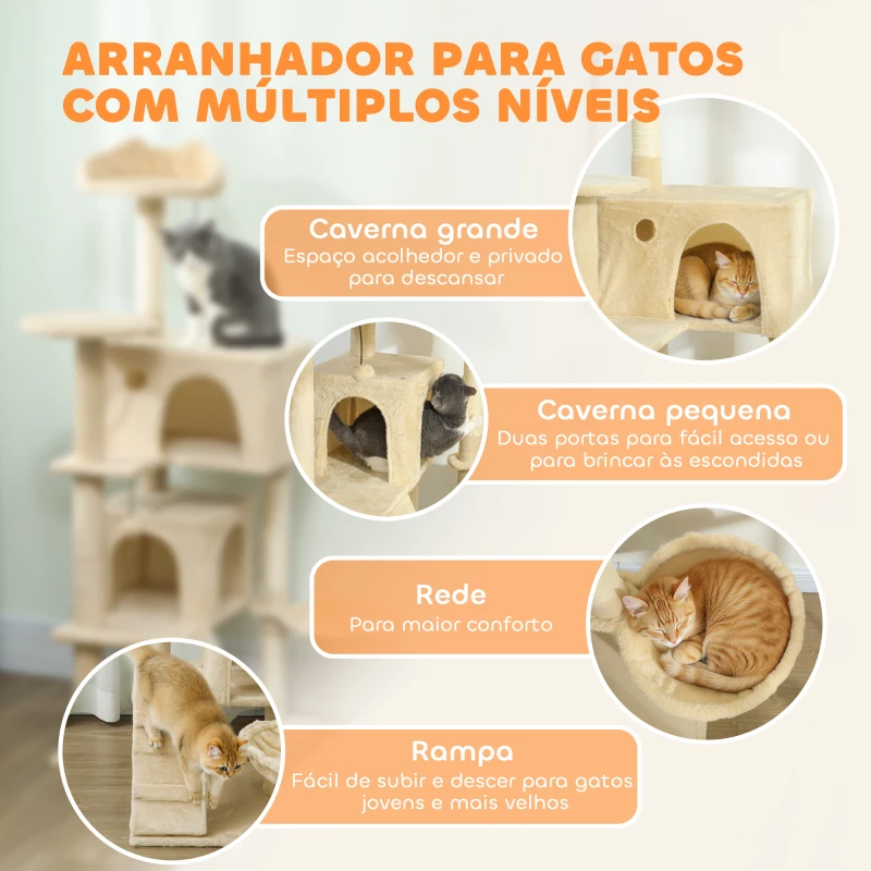 PawHut Arranhador para Gatos com Múltiplas Plataformas Cama 2 Cavernas Rede Escada Postes de Sisal 48x48x140 cm Bege