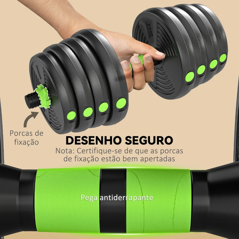 SPORTNOW Conjunto de Halteres Ajustáveis 3 em 1 30 kg Conjunto de Pesos com Barras de Conexão e Pegas Antiderrapantes Verde