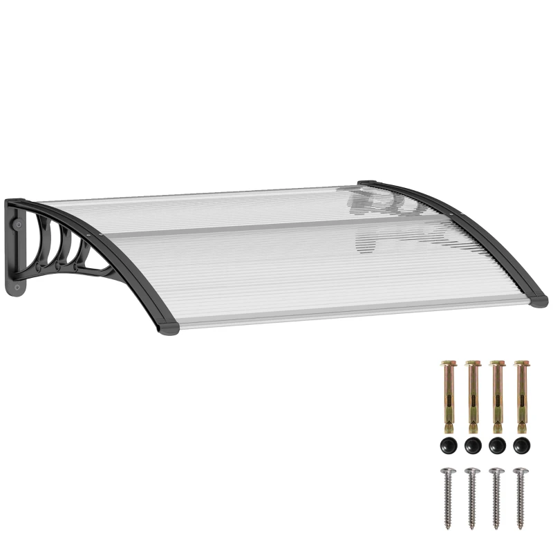 Outsunny Curved Window Door Canopy Aluminium Rigid Plastic Polycarbonate Fixed Outdoor Awning with Modern Design, UV and Water Rain Resistant, 120 x 75cm, White