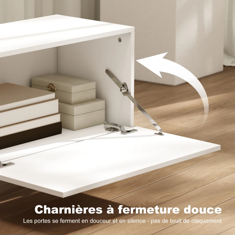 HOMCOM Meuble TV, meuble télé pour téléviseur jusqu'à 90 pouces avec 2 portes rabattables, tiroir, 200 x 35 x 45 cm, blanc