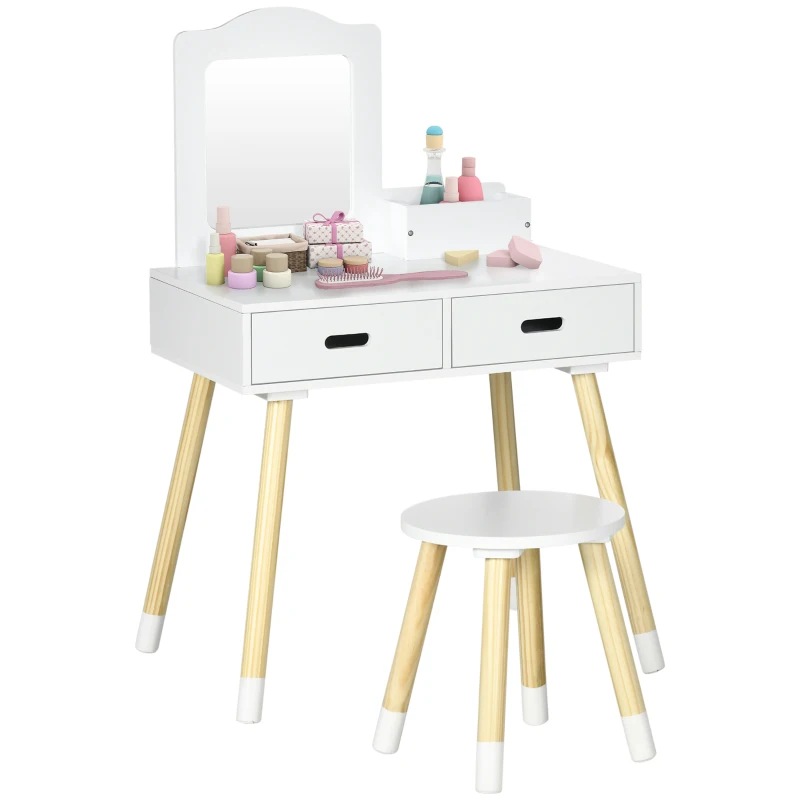 ZONEKIZ Set Toeletta per Bambini con Tavolo Trucco e Sgabello, Specchio e 2 Cassetti, Bianco e Colore Legno
