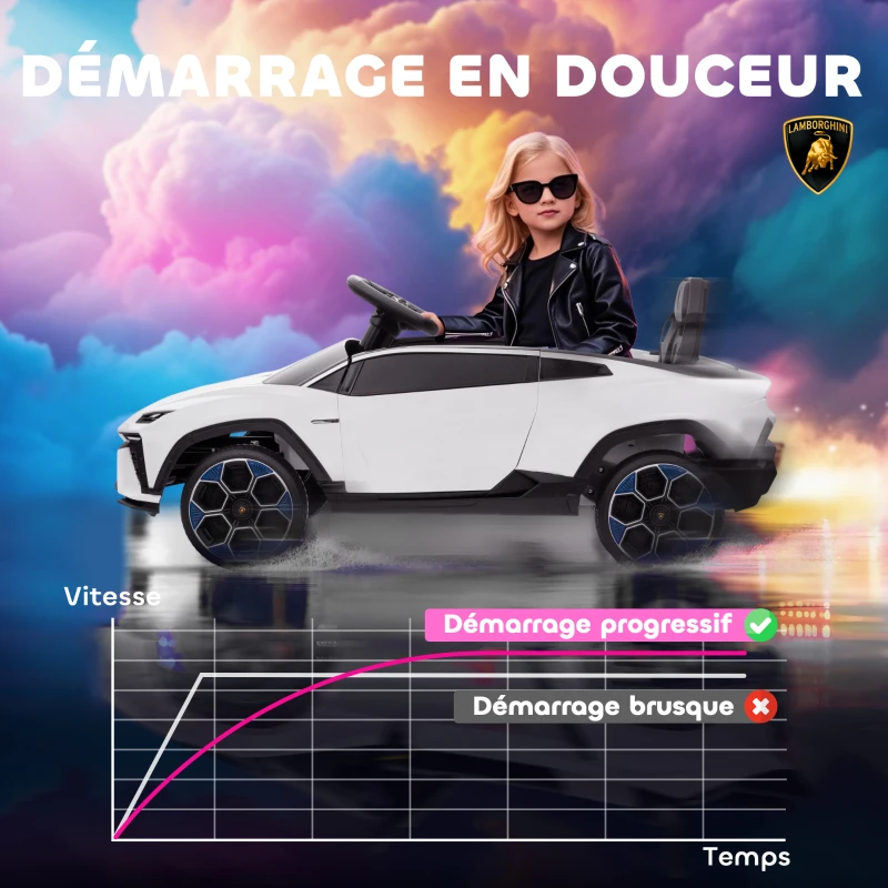 AIYAPLAY Voiture électrique enfant véhicule électrique Lamborghini 12V télécommande 2,4G et 2 moteurs vitesse max. 4 km/h blanc
