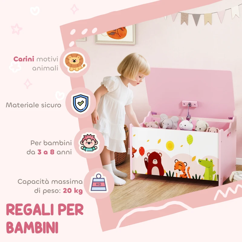 AIYAPLAY Baule Portagiochi per Bambini con Cerniere di Sicurezza in Legno con Disegni di Animali, 60x37x39 cm, Rosa