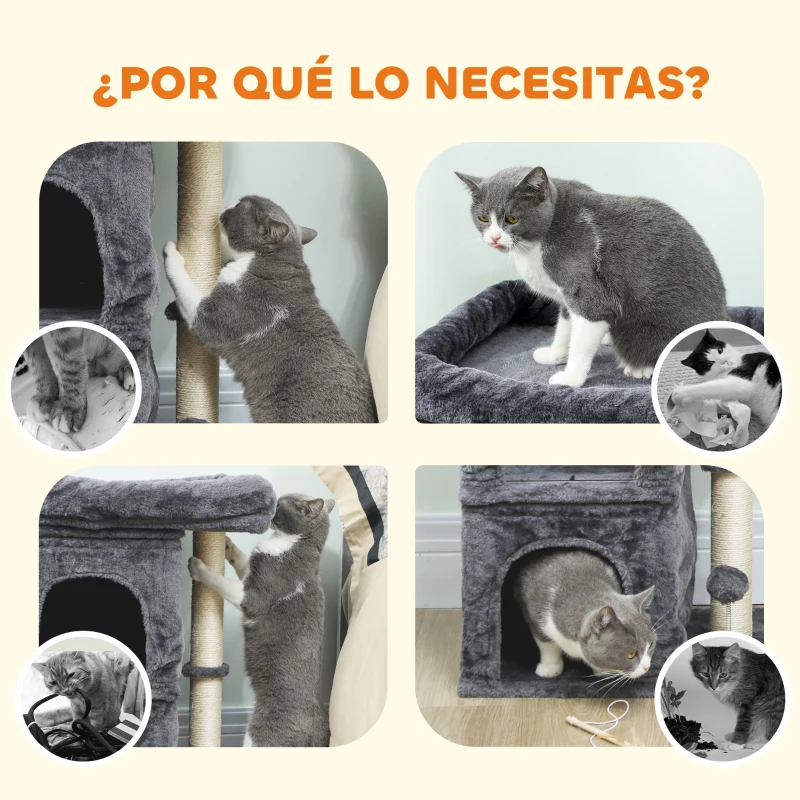 PawHut Árbol Rascador para Gatos Árbol para Gatos 66 cm con Cama 2 Cuevas Poste de Sisal Bola para Jugar Gris Oscuro