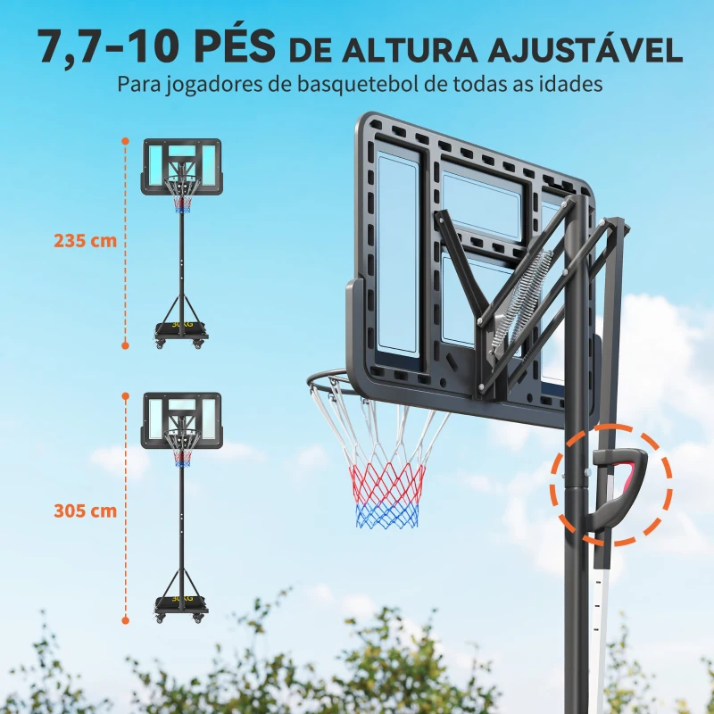 SPORTNOW tabela de Basquetebol para Exterior com Altura Ajustável 235-305 cm Saco de Peso e Rodas Preto
