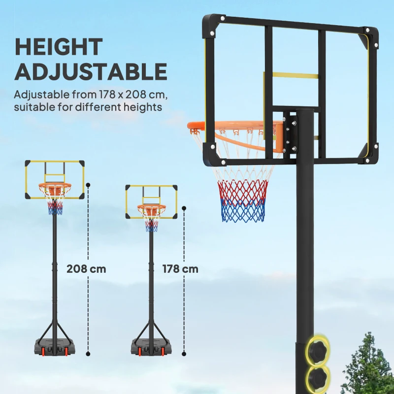 SPORTNOW Height Adjustable Basketball Hoop and Stand with Firm Backboard and Weighted Base, Portable Wheels, Yellow