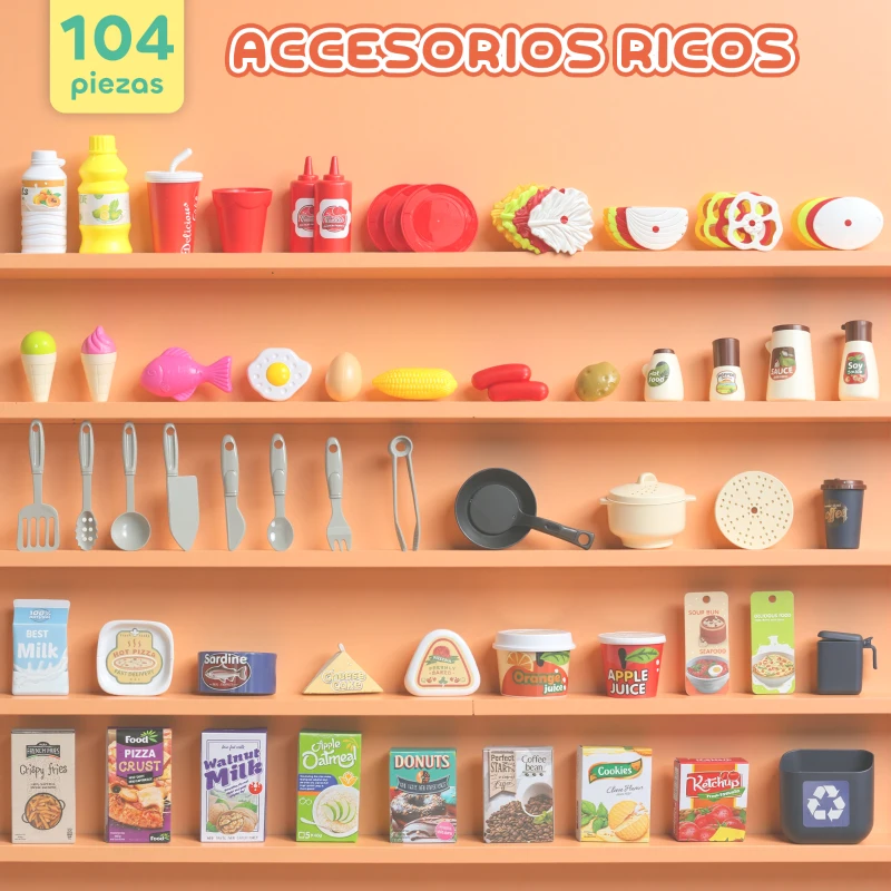 AIYAPLAY Cocina de Juguete con Luces Sonido Accesorios Fregadero Utensilios Alimentos Falsos para Niños a Partir de 3 Años Rosa