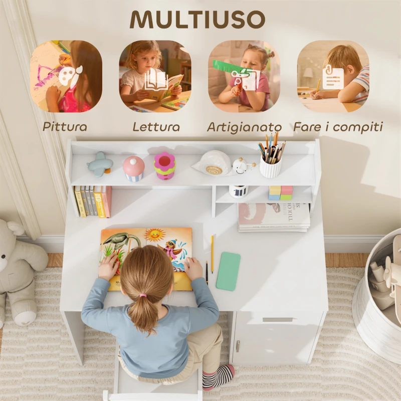 AIYAPLAY Scrivania per Bambini con Scaffali, Armadietto, Cassetto e Sedia per Bambini Abbinata in MDF Bianco