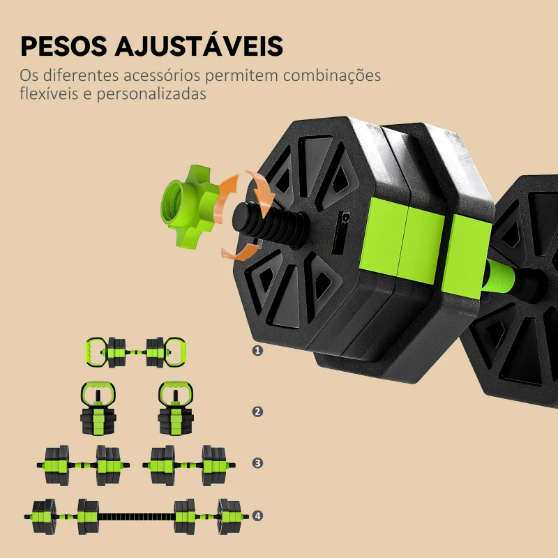 SPORTNOW Conjunto de Halteres Ajustáveis 4 em 1 20 kg Conjunto de Pesos Utilizado como Kettlebell Barra Halteres ou Suporte para Flexões Verde