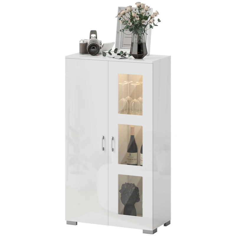 HOMCOM Buffet avec LED RGB 16 couleurs et télécommande, haute brillance, portes vitrées, étagères en verre, 71x35x126cm, blanc