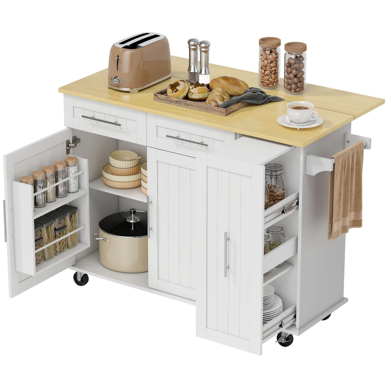 HOMCOM Isla de cocina móvil, superficie extensible, puertas de armario, cajones, toallero, carro de cocina de MDF, Blanco