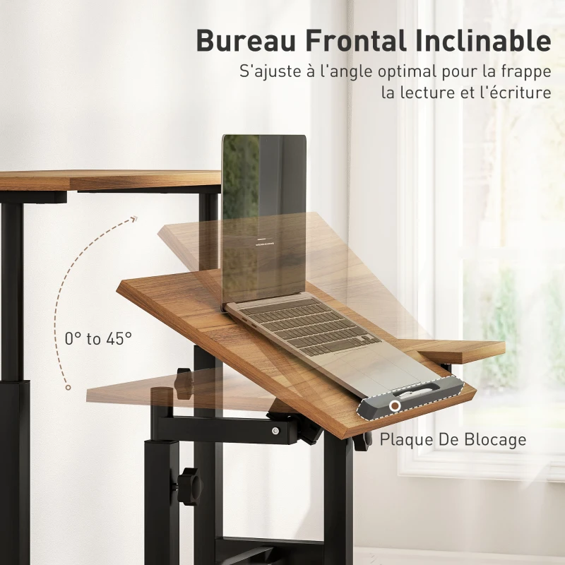 HOMCOM Bureau assis debout bureau réglable en hauteur 70 x 60 cm à roulettes avec plateau inclinable cadre en métal marron