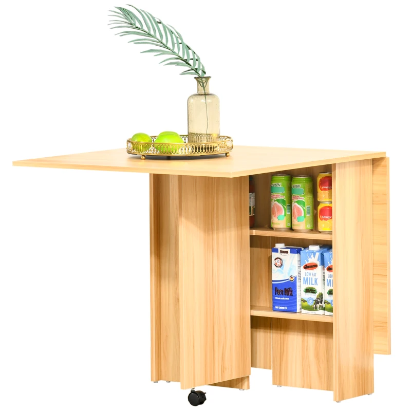 HOMCOM Table pliante de cuisine salle à manger amovible sur roulettes 80L x 140l x 74H cm 2 étagères intégrées en bois coloris bois naturel