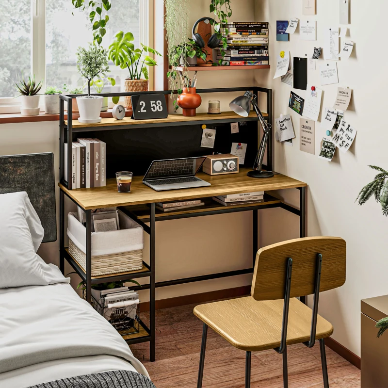 HOMCOM Bureau avec rangement bureau informatique bureau d'ordinateur avec 4 étagères, grand plateau et panneau noir, marron