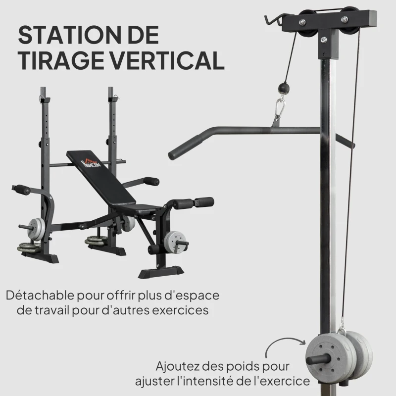 HOMCOM Banc de musculation complet multifonction avec dossier réglable, banc developper coucher à plat ou incliné 180x134x200cm