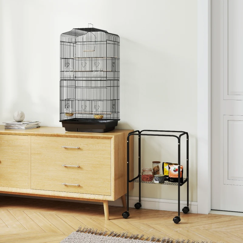 PawHut Vogelkäfig mit Futterbehälter Vogelvoliere Vogelbauer mit Aufbewahrungskorb Holzschaukel Voliere mit Türen Holzstangen für kleine Vögel Metalldraht Schwarz 46,5 x 36 x 157 cm