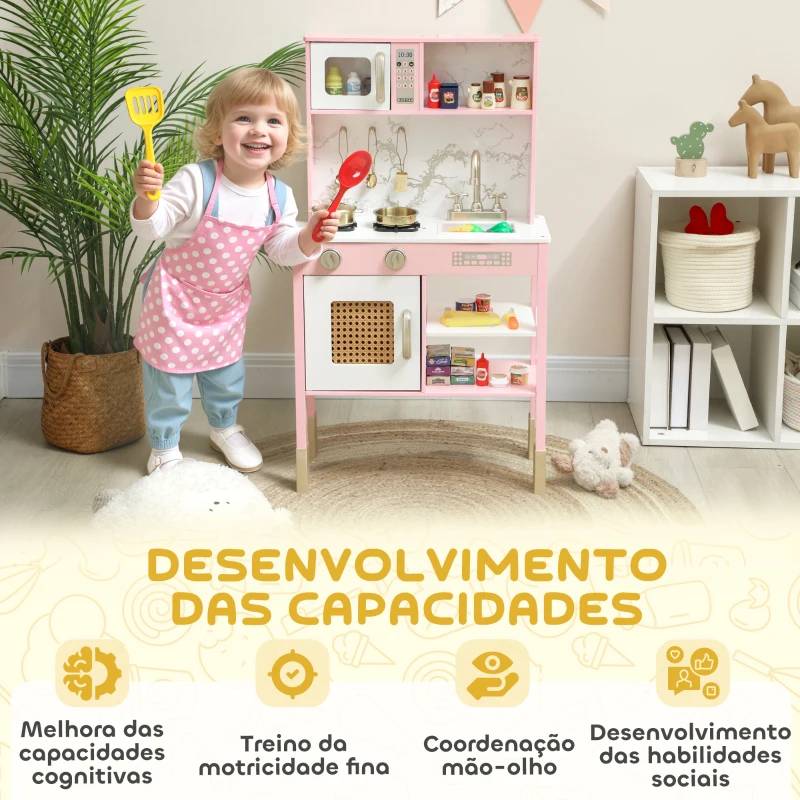 AIYAPLAY Cozinha de Brincar em Madeira com Som Acessórios em Aço Inoxidável Micro-Ondas Forno Lava-Loiças Legumes para Cortar 55x24x96 cm Rosa