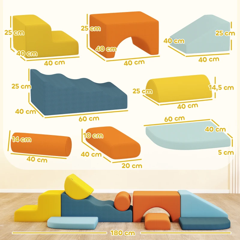 AIYAPLAY Conjunto de 9 Blocos de Espuma para Crianças com Capas de Veludo Laváveis Blocos de Psicomotricidade para Escalar e Rastejar Multicor