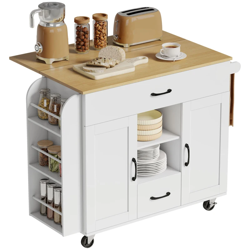 HOMCOM Rollend keukeneiland, uitklapbaar werkblad, soft-close kastdeuren, lades, handdoekhouder, MDF, wit