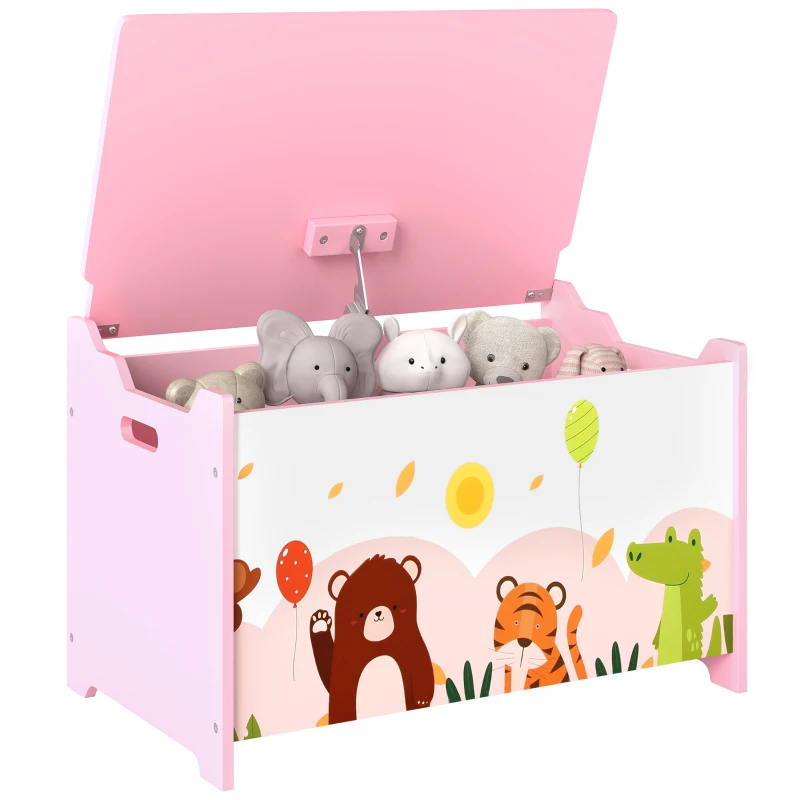 AIYAPLAY Baule Portagiochi per Bambini con Cerniere di Sicurezza in Legno con Disegni di Animali, 60x37x39 cm, Rosa