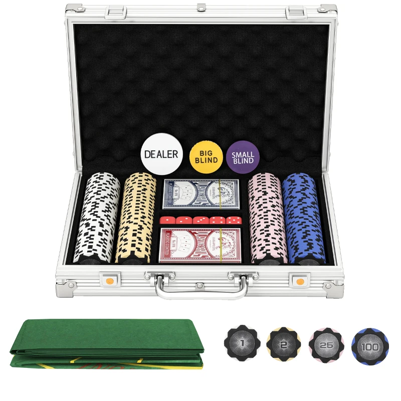 SPORTNOW Set de jetons de poker en valise, avec dés, bouton Dealer, 2 jeux de cartes, couleur argentée