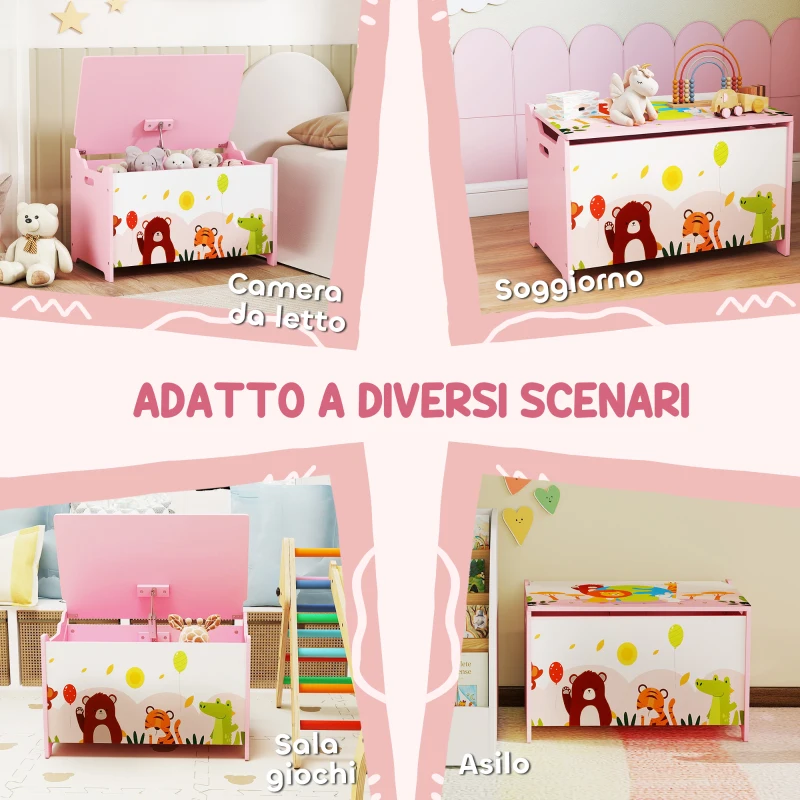 AIYAPLAY Baule Portagiochi per Bambini con Cerniere di Sicurezza in Legno con Disegni di Animali, 60x37x39 cm, Rosa