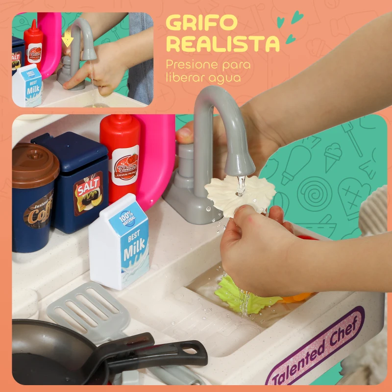 AIYAPLAY Cocina de Juguete con Luces Sonido Accesorios Fregadero Utensilios Alimentos Falsos para Niños a Partir de 3 Años Rosa