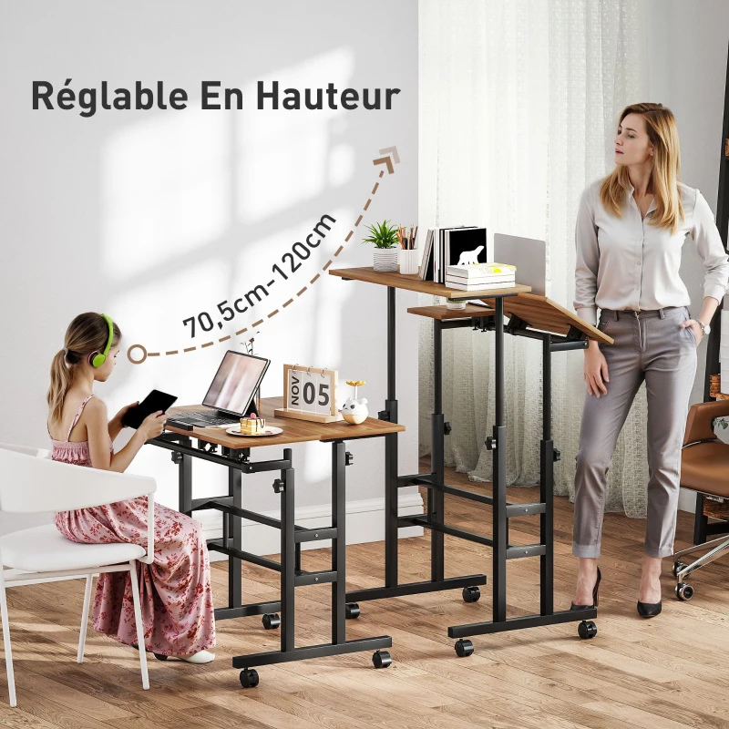 HOMCOM Bureau assis debout bureau réglable en hauteur 70 x 60 cm à roulettes avec plateau inclinable cadre en métal marron