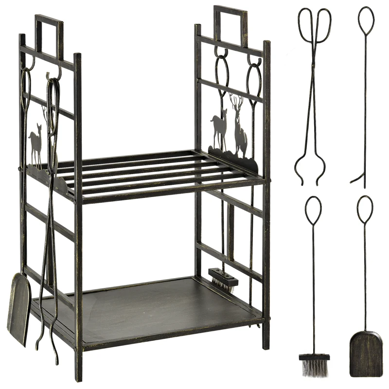 Porte-bûches range bûches étagère à bois de cheminée serviteur de cheminée cerf multi-accessoires 2 étagères dim. 51,5L x 33l x 77H cm métal noir or vieilli