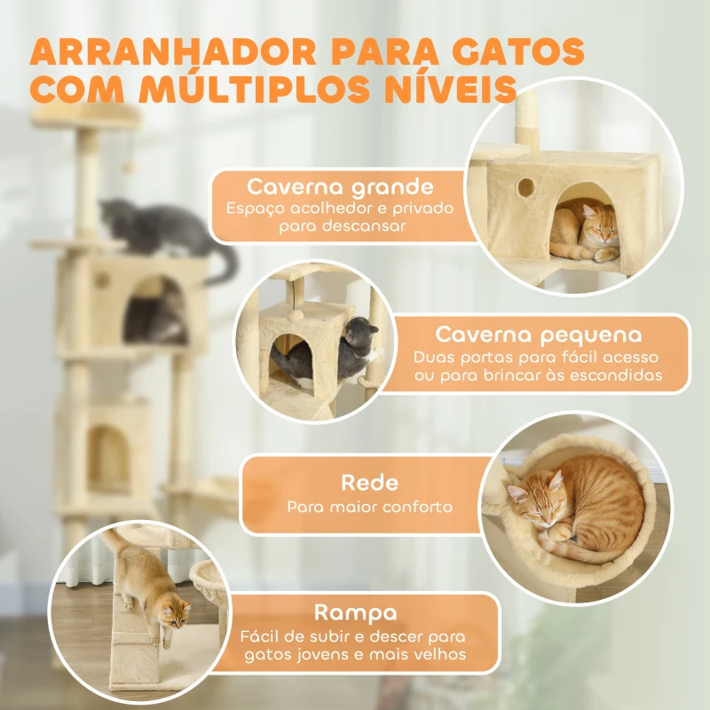 PawHut Arranhador para Gatos com Múltiplas Plataformas Cama 2 Cavernas Rede Escada Postes de Sisal 56x56x180 cm Bege