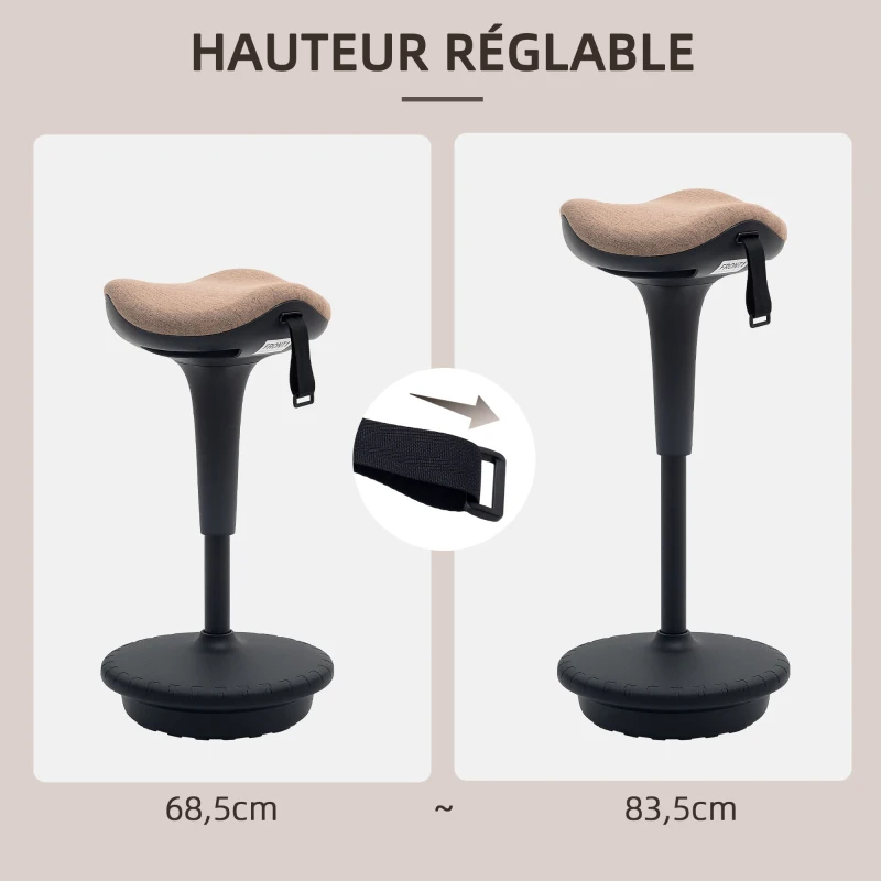 HOMCOM Tabouret dynamique, tabouret assis-debout ergonomique, hauteur réglable, rotatif à 360°, 34 x 34 x 68,5-83,5 cm, marron