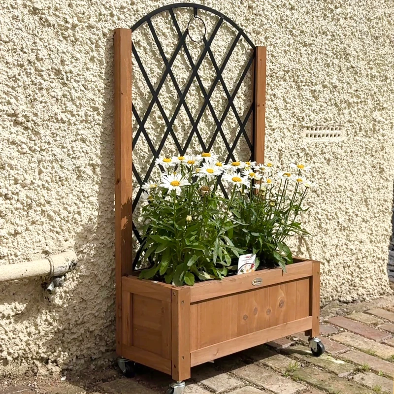 Outsunny 2er Set Hochbeet Pflanzkasten mit Rolle, Rankgitter, Spalier Pflanzkübel Blumenkasten Holz 52x25x97cm Braun