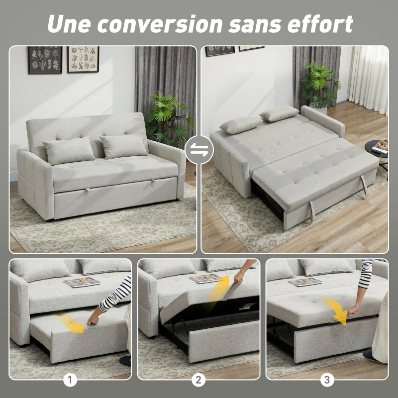 HOMCOM Canapé convertible 2 places 3 en 1, canapé-lit clic-clac, lit gigogne, dossier réglable, 2 coussins, 158x85x85cm, gris(m-4)
