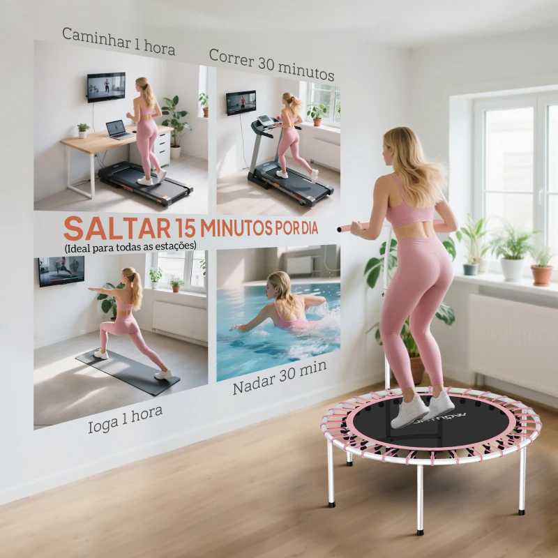 SPORTNOW Trampolim de Fitness Adultos Ø102 cm com Pega Ajustável de 5 Níveis Estrutura em Aço para Treino de Pernas Corpo Rosa