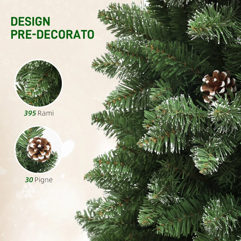 HOMCOM Albero di Natale Innevato Alto 150 cm con 395 Rami, Pigne e Base in Acciaio