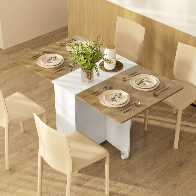 HOMCOM Table à manger pliable pour 6 personnes, table de cuisine sur roulettes avec 2 tiroirs 2 placards, 140x76x74cm, blanc