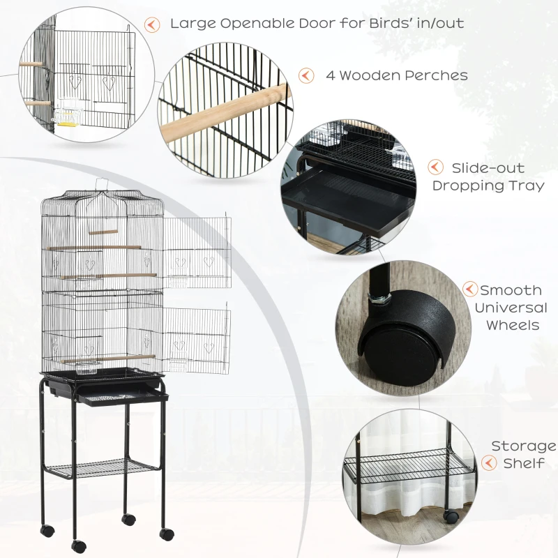 PawHut Bird Cage for Finch Budgie Cage with Stand Wheels, Slide-out Tray, Accessories, Storage Shelf, Black 46.5 x 36 x 157 cm
