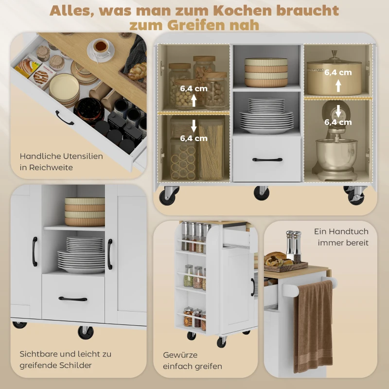 HOMCOM Rollend keukeneiland, uitklapbaar werkblad, soft-close kastdeuren, lades, handdoekhouder, MDF, wit